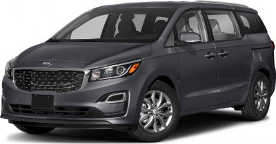Front and side view of minivan with stylish grille and headlights