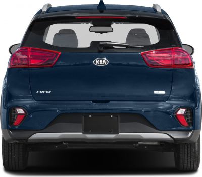 Rear view of blue SUV with distinct tail lights and rear wiper