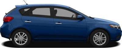 Side profile of a blue hatchback with alloy wheels and rear spoiler