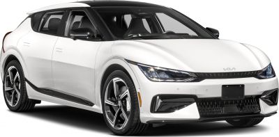 White electric SUV with aerodynamic body and LED headlights front side view