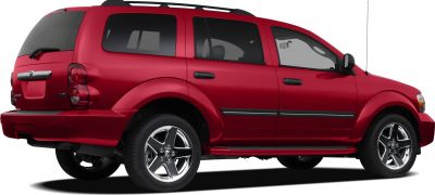 Red SUV side view with chrome wheels and roof rails