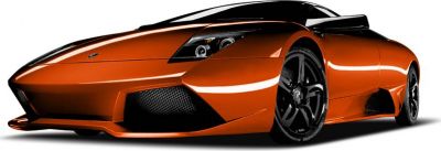 Front low angle view of sleek orange sports supercar with black wheels