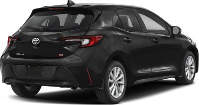 Rear and side view of black hatchback with modern tail lights and alloy wheels