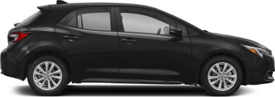Black hatchback with sleek side profile and silver alloy wheels