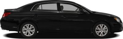 Side profile of a sleek black sedan with alloy wheels.