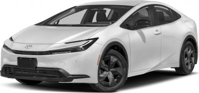 Aerodynamic LED headlights and black aero wheels on white hybrid hatchback.