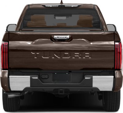Rear view of pickup with embossed tailgate and vertical LED taillights