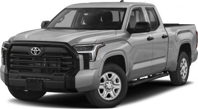 Front side view of a pickup truck with double cab and long bed