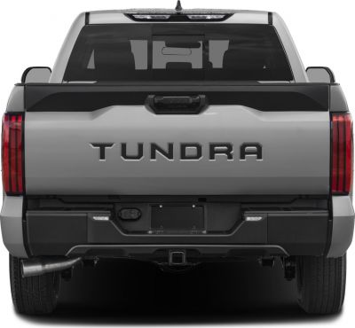 Rear view of pickup tailgate with Tundra lettering and vertical taillights