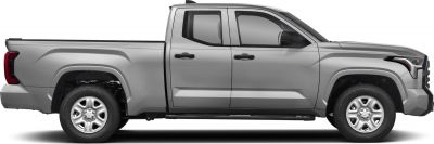 Silver double cab pickup with long bed and modern side profile