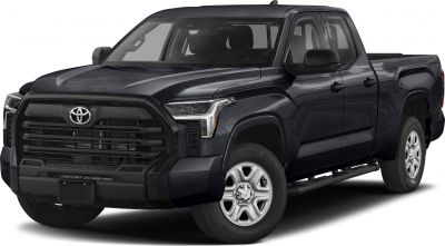 Modern pickup truck front and side view with double cab and long bed