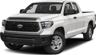 Front and side view of a pickup with black honeycomb grille and extended cab.