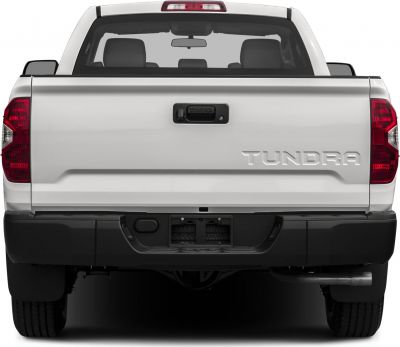Pickup truck tailgate with embossed branding and rear taillights