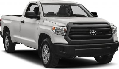 Front view of pickup truck with black grille and headlights