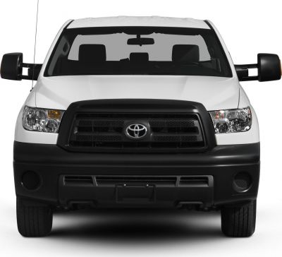 Front view of pickup truck with grille, headlights, and side mirrors