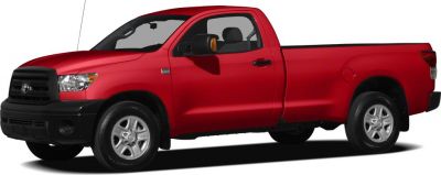 Red regular cab pickup with extended bed and robust design