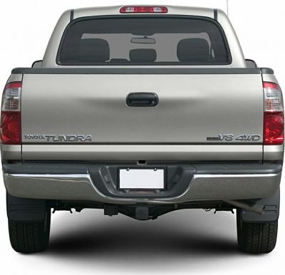 Rear view of pickup tailgate with badges and bumper