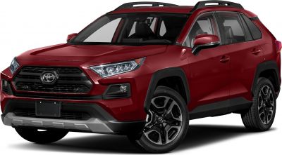 Front and side exterior of red SUV with LED headlights and alloy wheels