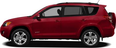 Side profile of red SUV with sport badge and roof rails