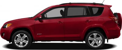 Side profile of red SUV with alloy wheels and integrated rear spare tire.