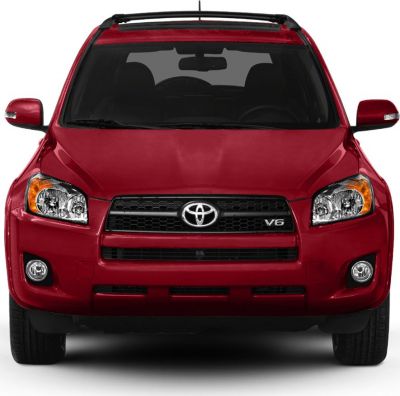 Front view of a red SUV with V6 badge and roof rails