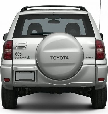 Rear view with mounted spare tire and tail lights of a compact SUV