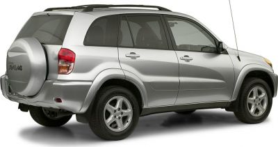 Rear side view of silver 3-door SUV with spare tire and roof rails
