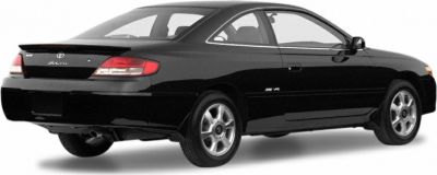 Rear side view of a black two-door coupe with alloy wheels