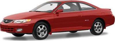 Red sporty two-door coupe with alloy wheels and aerodynamic body shape