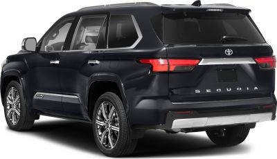 Rear and side view of a large SUV with modern taillight design and chrome accents