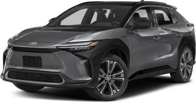 Front view of electric SUV with sleek headlights and aerodynamic styling