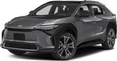 Front and side view of an electric SUV with LED headlights and aerodynamic design