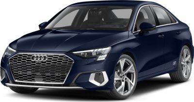 Audi A3 Sedan front view with hexagonal grille and sharp LED headlights