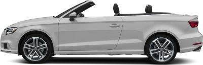 Side profile of a white convertible with alloy wheels and open roof
