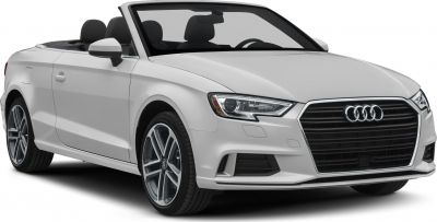 Front-side view of a white open-top convertible with LED headlights and sporty alloy wheels.