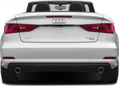 Rear view of a silver convertible with dual exhausts and sleek taillights