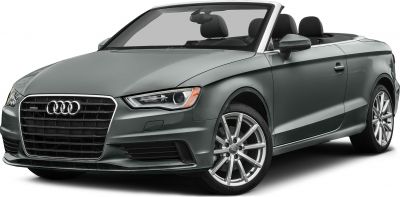 Convertible car front and side with grille, headlight, open roof.