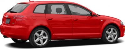 Red hatchback with five-spoke alloy wheels, side profile view