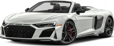 Front view of a luxury convertible with V10 engine vents and black rims