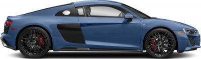 Side view of a sleek sports coupe with V10 badge and black alloy wheels