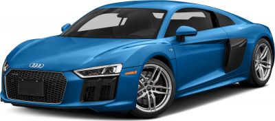 Front angle view of blue sports coupe with V10 badge and hexagonal grille