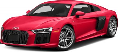 Front and side view of a sleek sports coupe with V10 badge and distinctive air intake design
