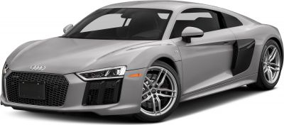 Front view of sleek coupe with V10 badge and hexagonal grille