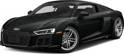Black Audi R8 front side view with V10 and honeycomb grille