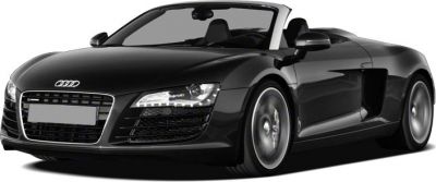 Front angle of black convertible sports car with sharp LED headlights.