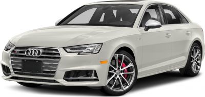 Front view of sporty sedan with LED headlights and alloy wheels