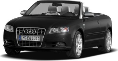 Front view of black convertible with distinctive grille and alloy wheels