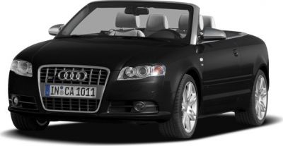 Front view of a black Audi S4 Cabriolet convertible with open roof