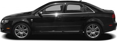 Side profile of black sedan with alloy wheels and V8 badge