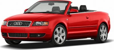 Red convertible with front grille and open roof design